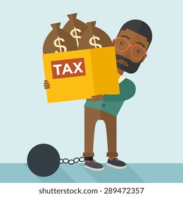 An African businessman locked in a debt ball in chain for committing crime in tax evasion. Debt concept. A Contemporary style with pastel palette, soft blue tinted background. Vector flat design