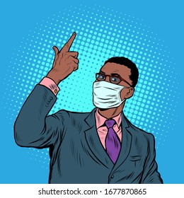 African businessman in a medical mask. Coronavirus epidemic. Self isolation and quarantine. Pop art retro vector illustration vintage kitsch 50s 60s style