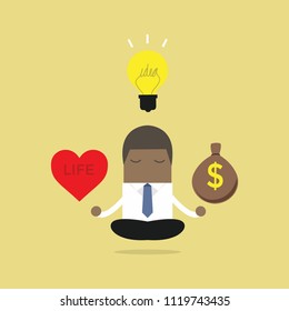 African businessman meditation balance between ideas, money and life.