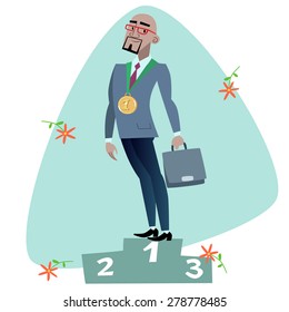 African businessman on a pedestal in the first place. Sports and business concept