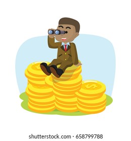 african businessman on stack of coin with binocular