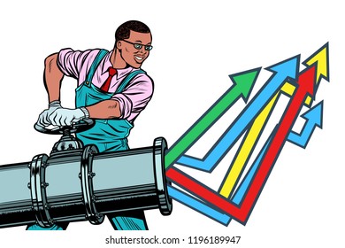 African businessman opens pipe, growth chart up. Plant and industry. Isolate on white background. Pop art retro vector illustration vintage kitsch