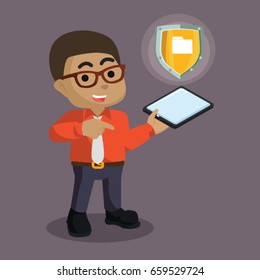 african businessman with phone and shield