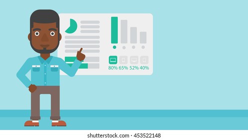 African businessman pointing at charts on a board during business presentation. Man giving business presentation. Business presentation in progress. Vector flat design illustration. Horizontal layout.