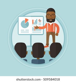 An african businessman pointing at charts on a board during business seminar. Business people taking part in business seminar. Vector flat design illustration in the circle isolated on background.