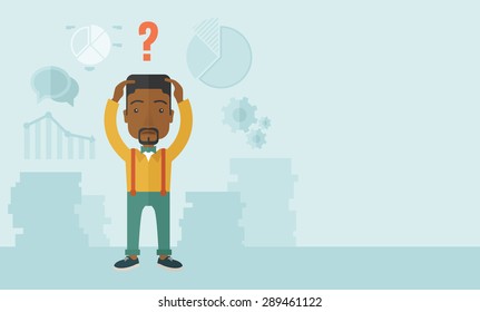 An african businessman with a problem standing scratching his head with question mark on top of his head. Unhappy concept. A Contemporary style with pastel palette, soft blue tinted background. Vector