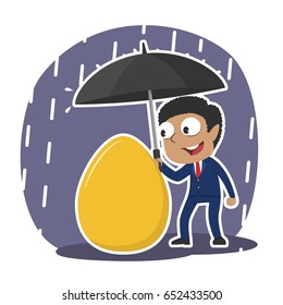 african businessman protecting his golden egg with umbrella