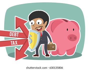 African businessman protecting piggy bank form debt and tax
