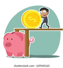 african businessman pushing big coin into piggy bank