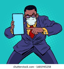 An African businessman in quarantine recommends online communication. Pop art retro vector illustration kitsch vintage 50s 60s style