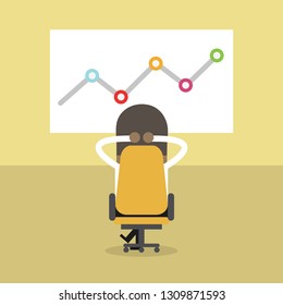 African businessman relaxing in his chair with growing graph. Business idea, innovation, development and strategy.