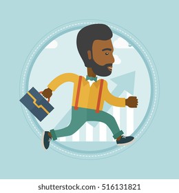 An african businessman running along the growth graph. Business growth concept. Man moving to success and business growth. Vector flat design illustration in the circle isolated on red background.