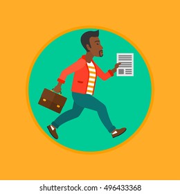 An african businessman running with a briefcase and a document in hands. Businessman in a hurry. Concept of stress in business. Vector flat design illustration in the circle isolated on background.