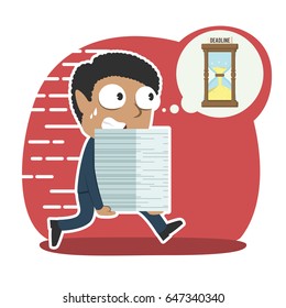african businessman running with documents due to deadline