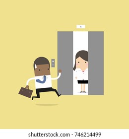 African businessman running to elevator and elevator is closing vector