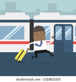 African businessman running and missed the train.