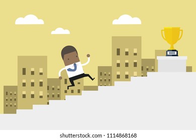 African businessman running up stairs, concept business man win price flat vector.