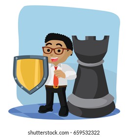 african businessman with shield and rook chess piece