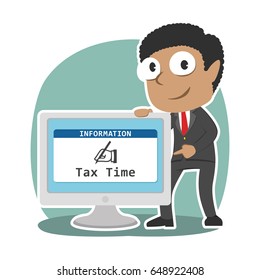 african businessman showing tax time in monitor screen