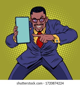 african businessman shows on smartphone. Mobile technologies and new gadgets. Pop art retro vector illustration kitsch vintage 50s 60s style