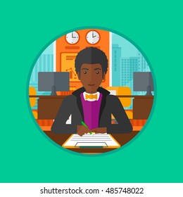 An african businessman signing business documents. Man is about to sign a business agrement. Confirmation of transaction by signing of business contract. Vector flat design illustration in the circle.