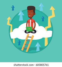 African businessman sitting on cloud and working on laptop. Businessman using cloud computing technology. Cloud computing concept. Vector flat design illustration in the circle isolated on background.