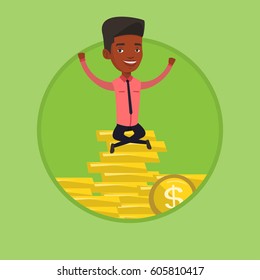 African businessman sitting on stack of golden coins. Businessman sitting on a pile of golden coins. Businessman on gold coins. Vector flat design illustration in the circle isolated on background.