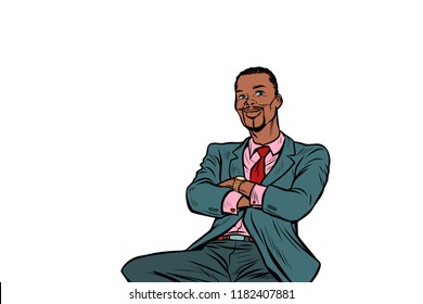 African businessman sitting. Pop art retro vector illustration vintage kitsch