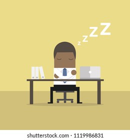 African businessman sleeping at works flat design.