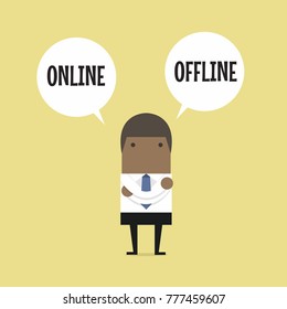 African businessman standing confuse to choose between two option online or offline. vector
