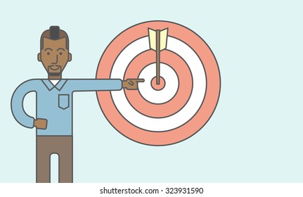 An african businessman standing and pointing at a target board with arrow. Vector line design illustration. Horizontal layout with a text space.