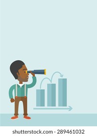 An african businessman standing using binocular to look over the graph that shows increasing in slaes. Growing business concept. A Contemporary style with pastel palette, soft blue tinted background