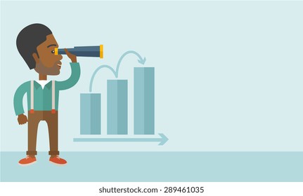 An african businessman standing using binocular to look over the graph that shows increasing in sales. Growing business concept. A Contemporary style with pastel palette, soft blue tinted background