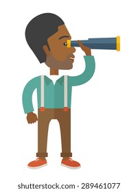 An african businessman standing using binocular to look for something. Business concept. A Contemporary style. Vector flat design illustration with isolated white background. Vertical layout.