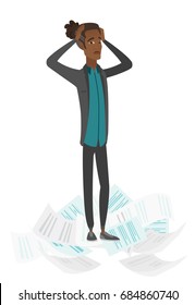 African businessman surrounded by lots of papers. man having a lot of paperwork. Man standing in the heap of papers. Vector flat design cartoon illustration isolated on white background.