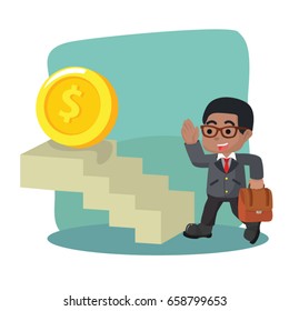 african businessman taking stairs to coin