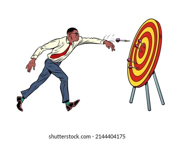 African businessman target dart target accuracy competition, sports fun and recreation. Pop art retro vector illustration comic caricature 50s 60s style vintage kitsch