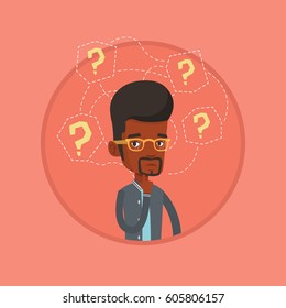 African businessman thinking. Businessman standing under question marks. Thoughtful businessman surrounded by many question marks. Vector flat design illustration in the circle isolated on background.