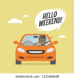 African businessman traveling by car and saying Hello weekend.