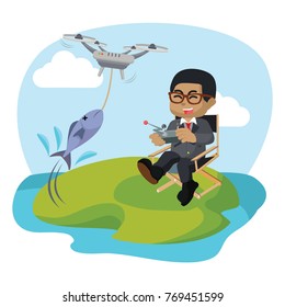 African businessman using drone to catch fish