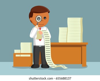 african businessman using magnify glass for looking his tasks