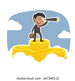 african businessman using telescope on the top of coins peak