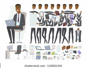 African businessman - vector cartoon people character constructor isolated on white background. Set of body parts, face expressions for animation. Different office equipment, charts, workplace