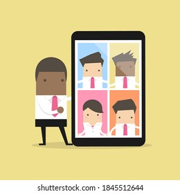 African businessman with video conference on tablet. Online virtual meetings.