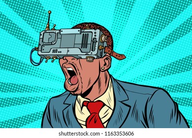 African Businessman in VR glasses screaming. Pop art retro vector illustration vintage kitsch