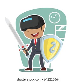 african businessman with vr headset holding shield and sword