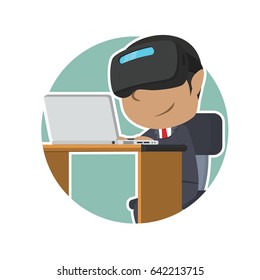 african businessman with vr headset using laptop in circle