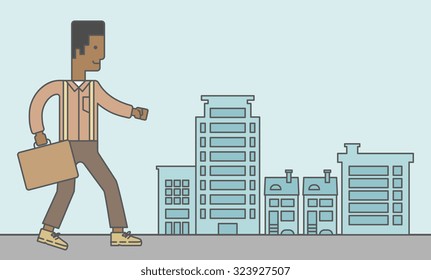 An african businessman walking with a briefcase. Vector line design illustration. Horizontal layout with a text space.