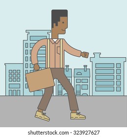 An african businessman walking with a briefcase. Vector line design illustration. Square layout.