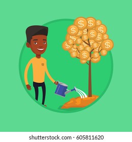 African businessman watering financial tree. Businessman investing in future financial safety. Businessman taking care of finances. Vector flat design illustration in the circle isolated on background